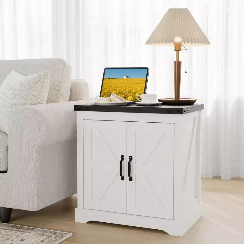Farmhouse End Table with Charging Station  24-Inch Rustic Nightstand with 3 AC Outlets, USB & Type-C Ports, Sliding Barn Door & Adjustable Shelf