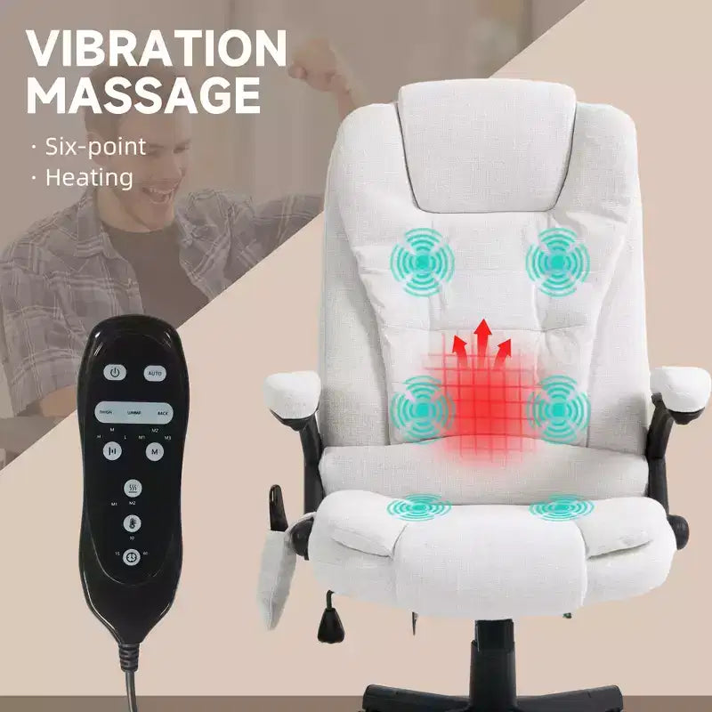 6 Point Vibrating Massage Office Chair with Heat, Linen High Back Massage Desk Chair with Reclining Backrest