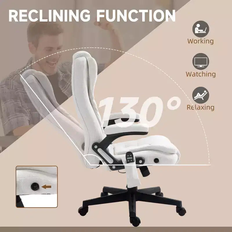 6 Point Vibrating Massage Office Chair with Heat, Linen High Back Massage Desk Chair with Reclining Backrest
