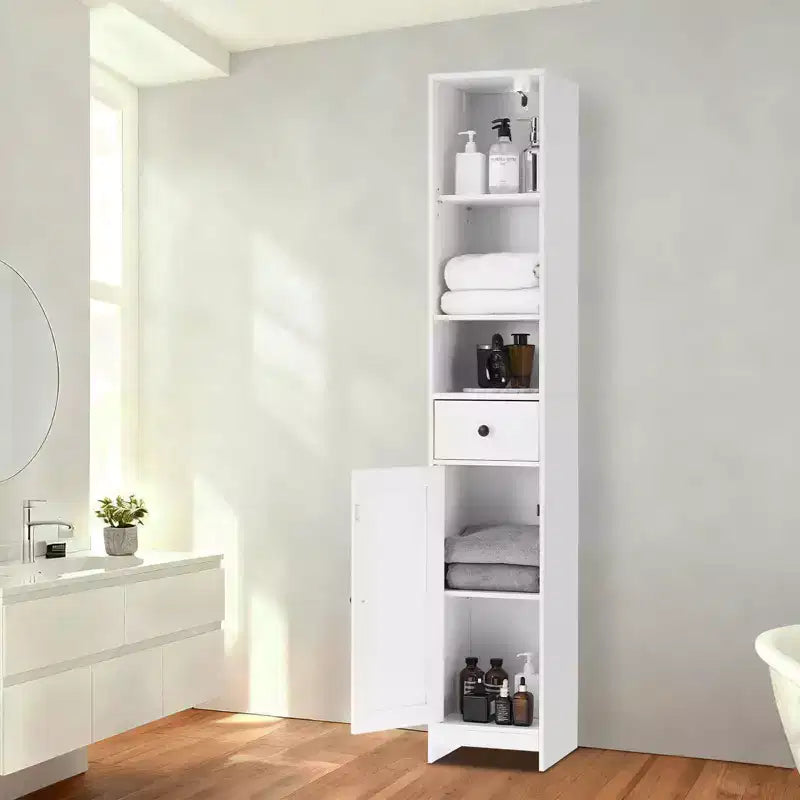 Tall Bathroom Storage Cabinet, Freestanding Tall Bathroom Organizer with 3-Tier Open Shelf & 2 Storage Cabinets