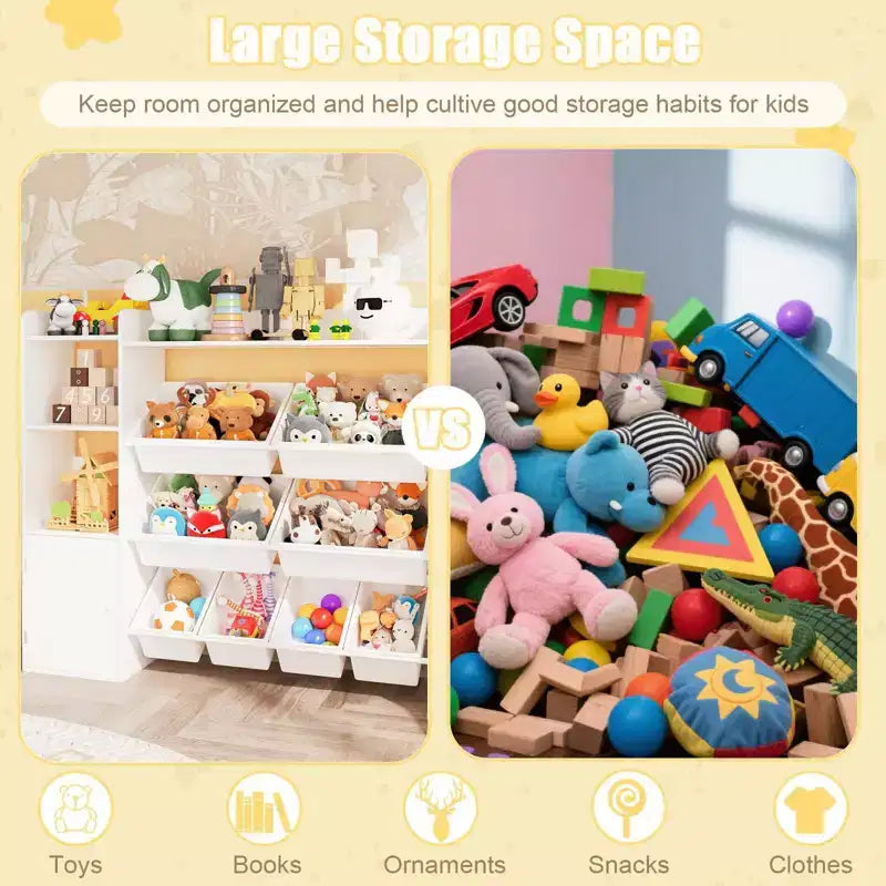 Kids Toy Organizer with 8 Removable Bins, Large Toy Box & Bookshelf Combo for Bedroom, Nursery, Classroom for Toys Books