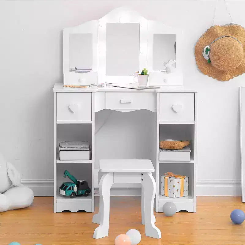 Kids Vanity Set with Tri-Folding Mirror, 2-in-1 Wooden Makeup Table and Stool for Toddlers, Princess Pretend Play Dresser with Drawer for Girls
