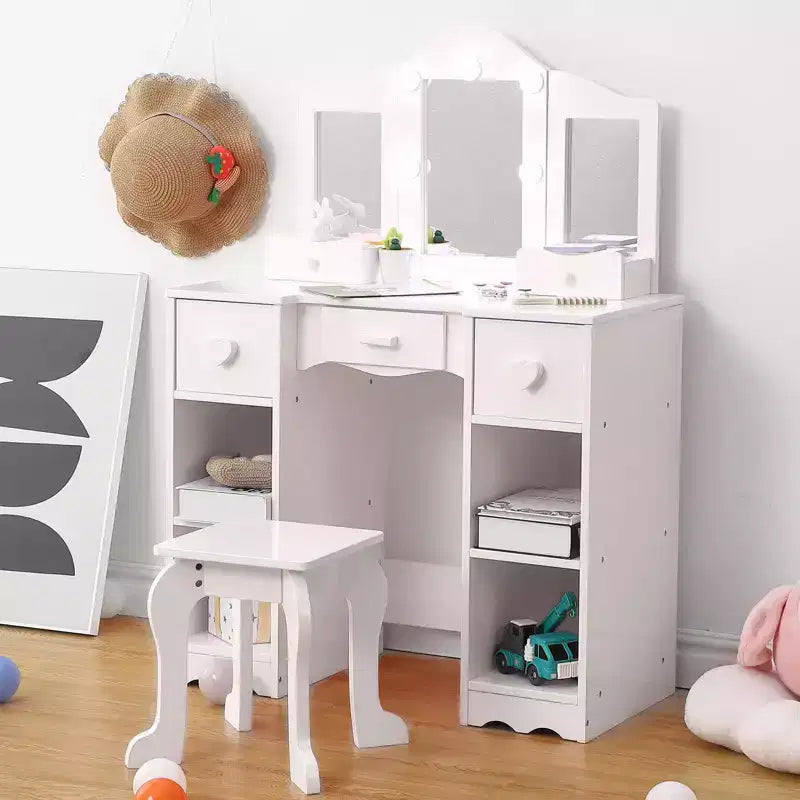 Kids Vanity Set with Tri-Folding Mirror, 2-in-1 Wooden Makeup Table and Stool for Toddlers, Princess Pretend Play Dresser with Drawer for Girls