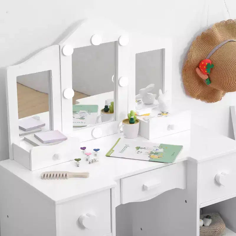 Kids Vanity Set with Tri-Folding Mirror, 2-in-1 Wooden Makeup Table and Stool for Toddlers, Princess Pretend Play Dresser with Drawer for Girls