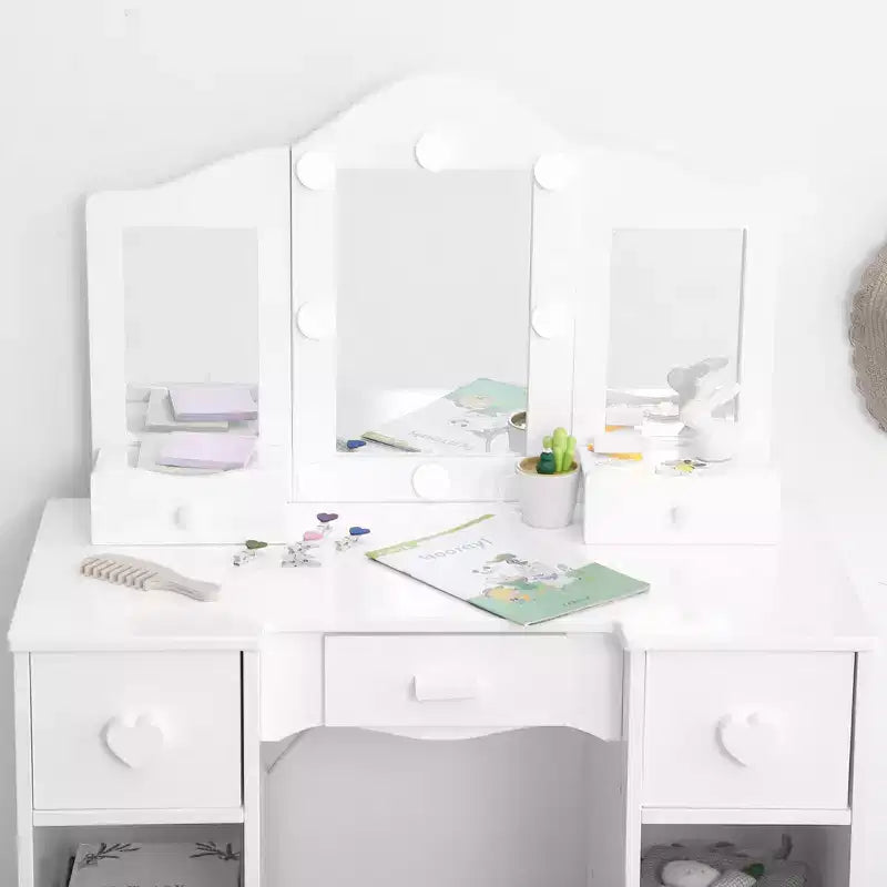 Kids Vanity Set with Tri-Folding Mirror, 2-in-1 Wooden Makeup Table and Stool for Toddlers, Princess Pretend Play Dresser with Drawer for Girls