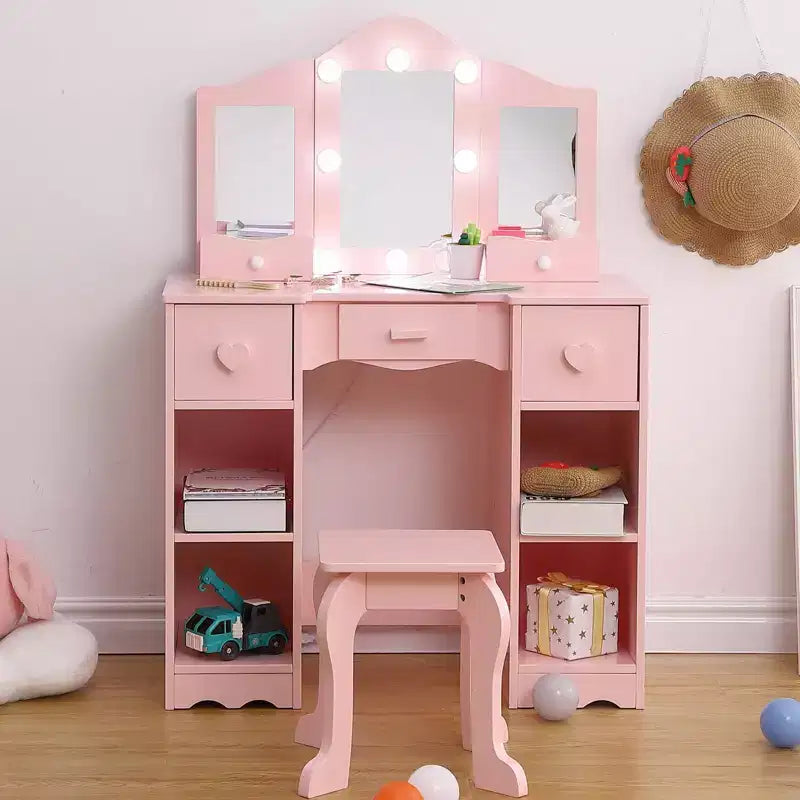 Kids Vanity Set with Tri-Folding Mirror, 2-in-1 Wooden Makeup Table and Stool for Toddlers, Princess Pretend Play Dresser with Drawer for Girls