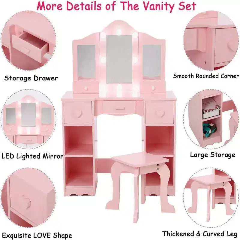 Kids Vanity Set with Tri-Folding Mirror, 2-in-1 Wooden Makeup Table and Stool for Toddlers, Princess Pretend Play Dresser with Drawer for Girls