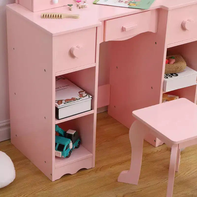Kids Vanity Set with Tri-Folding Mirror, 2-in-1 Wooden Makeup Table and Stool for Toddlers, Princess Pretend Play Dresser with Drawer for Girls