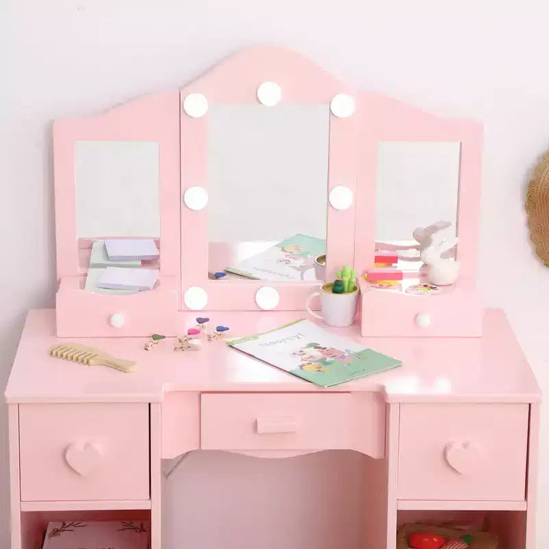Kids Vanity Set with Tri-Folding Mirror, 2-in-1 Wooden Makeup Table and Stool for Toddlers, Princess Pretend Play Dresser with Drawer for Girls