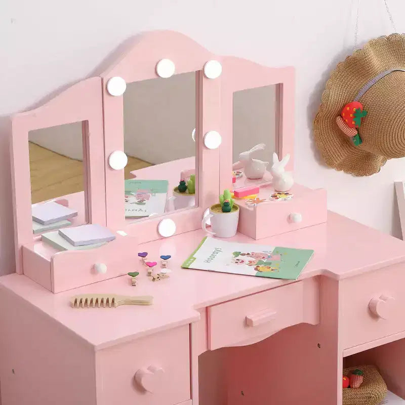 Kids Vanity Set with Tri-Folding Mirror, 2-in-1 Wooden Makeup Table and Stool for Toddlers, Princess Pretend Play Dresser with Drawer for Girls