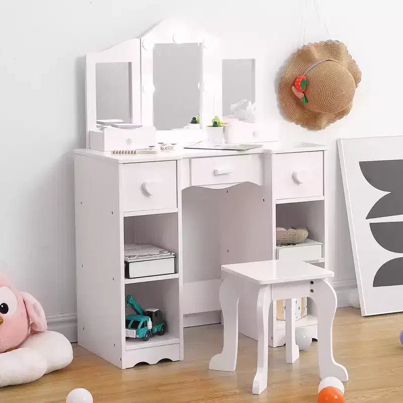 Kids Vanity Set with Tri-Folding Mirror, 2-in-1 Wooden Makeup Table and Stool for Toddlers, Princess Pretend Play Dresser with Drawer for Girls