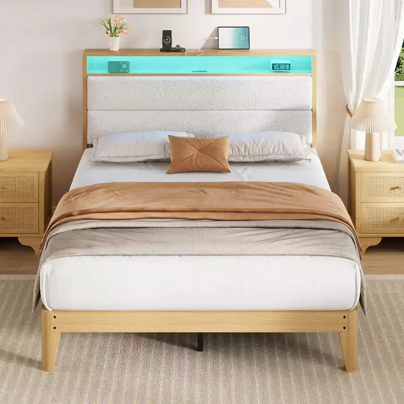 Full Size Bed Frame, with LED Lights and 2-Tier Storage Headboard, Boucle Bed Frame, No Box Spring Needed, Solid Wood Slats, Easy Assembly, Beige