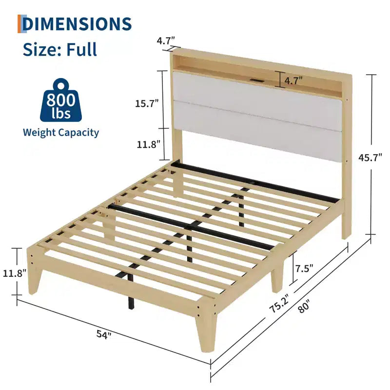 Full Size Bed Frame, with LED Lights and 2-Tier Storage Headboard, Boucle Bed Frame, No Box Spring Needed, Solid Wood Slats, Easy Assembly, Beige