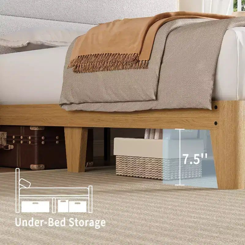 Full Size Bed Frame, with LED Lights and 2-Tier Storage Headboard, Boucle Bed Frame, No Box Spring Needed, Solid Wood Slats, Easy Assembly, Beige