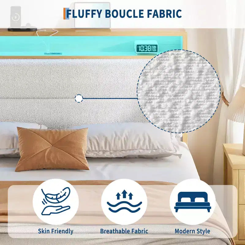 Full Size Bed Frame, with LED Lights and 2-Tier Storage Headboard, Boucle Bed Frame, No Box Spring Needed, Solid Wood Slats, Easy Assembly, Beige