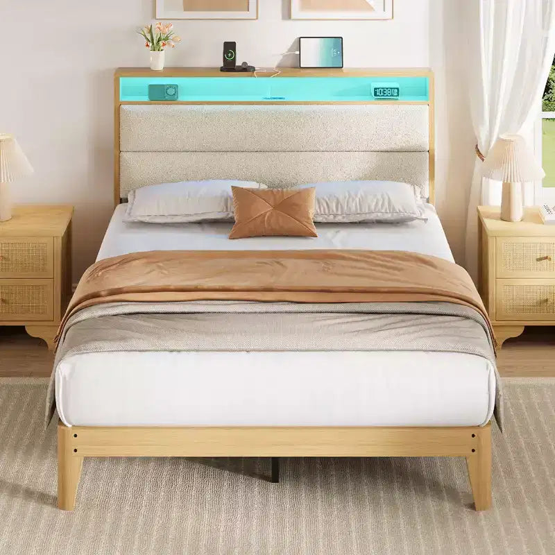 Full Size Bed Frame, with LED Lights and 2-Tier Storage Headboard, Boucle Bed Frame, No Box Spring Needed, Solid Wood Slats, Easy Assembly, Beige