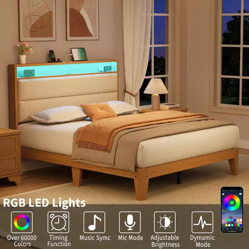 Full Size Bed Frame, with LED Lights and 2-Tier Storage Headboard, Boucle Bed Frame, No Box Spring Needed, Solid Wood Slats, Easy Assembly, Beige