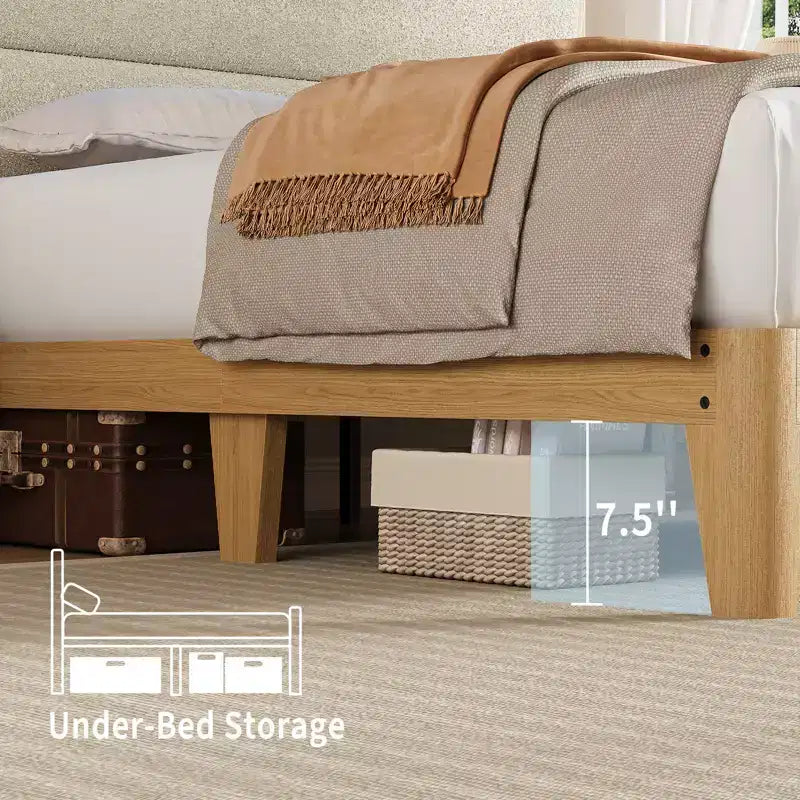 Full Size Bed Frame, with LED Lights and 2-Tier Storage Headboard, Boucle Bed Frame, No Box Spring Needed, Solid Wood Slats, Easy Assembly, Beige