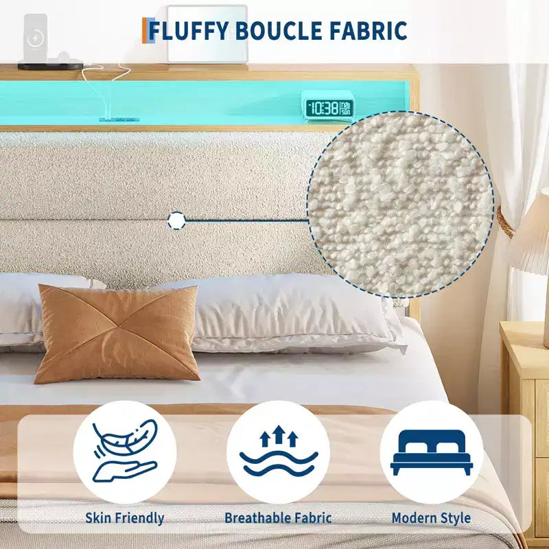 Full Size Bed Frame, with LED Lights and 2-Tier Storage Headboard, Boucle Bed Frame, No Box Spring Needed, Solid Wood Slats, Easy Assembly, Beige