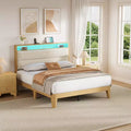 Full Size Bed Frame, with LED Lights and 2-Tier Storage Headboard, Boucle Bed Frame, No Box Spring Needed, Solid Wood Slats, Easy Assembly, Beige