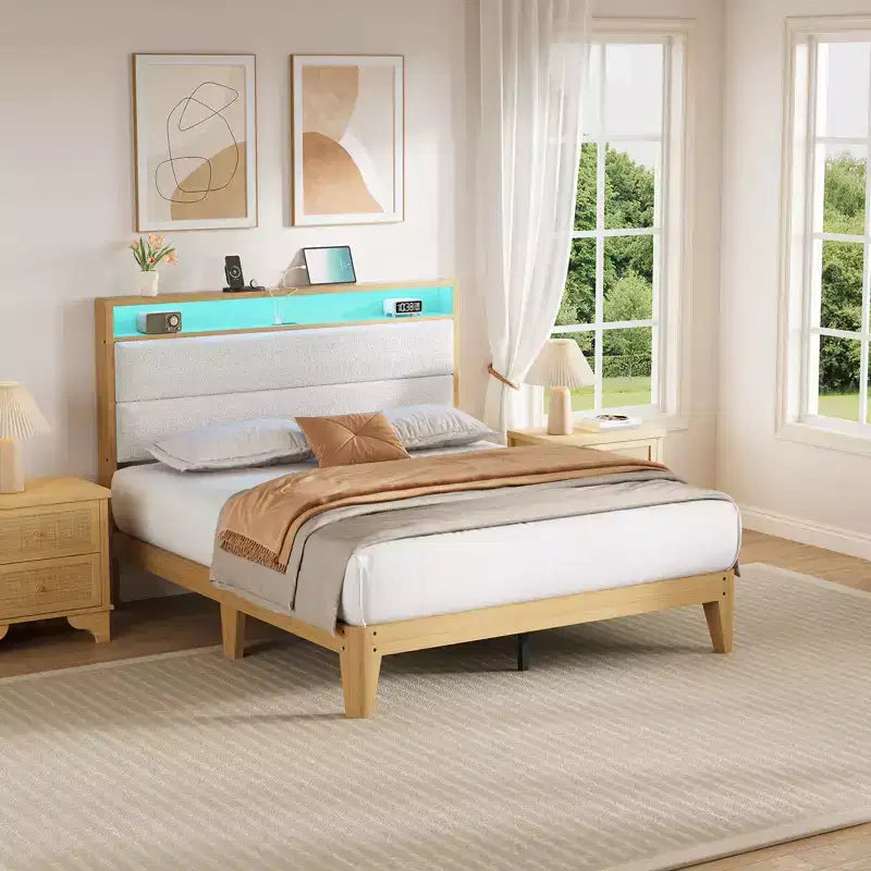 Full Size Bed Frame, with LED Lights and 2-Tier Storage Headboard, Boucle Bed Frame, No Box Spring Needed, Solid Wood Slats, Easy Assembly, Beige