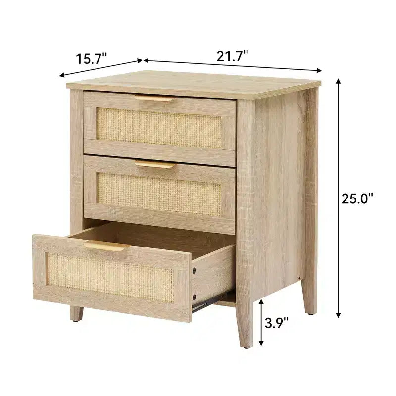 Acekool Rattan Nightstand, 3 Drawer Boho Bedside Table, Modern Storage, Wood Legs, for Bedroom or Living Room, Natural