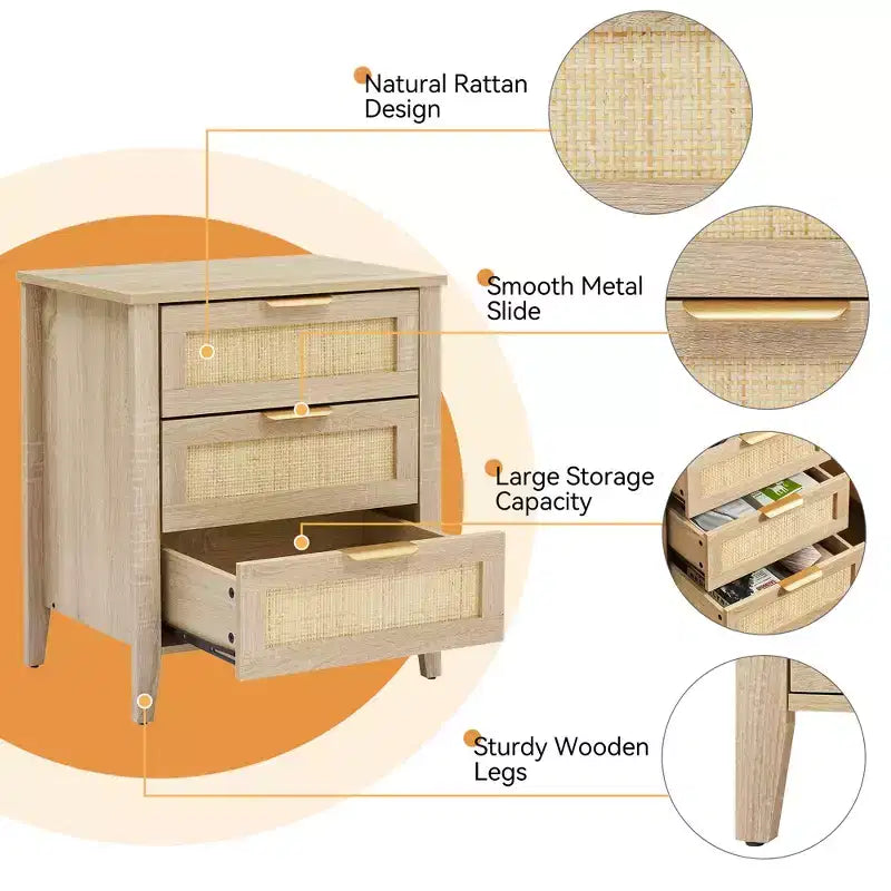 Acekool Rattan Nightstand, 3 Drawer Boho Bedside Table, Modern Storage, Wood Legs, for Bedroom or Living Room, Natural