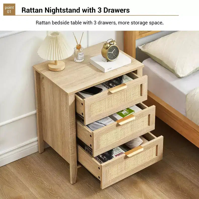Acekool Rattan Nightstand, 3 Drawer Boho Bedside Table, Modern Storage, Wood Legs, for Bedroom or Living Room, Natural
