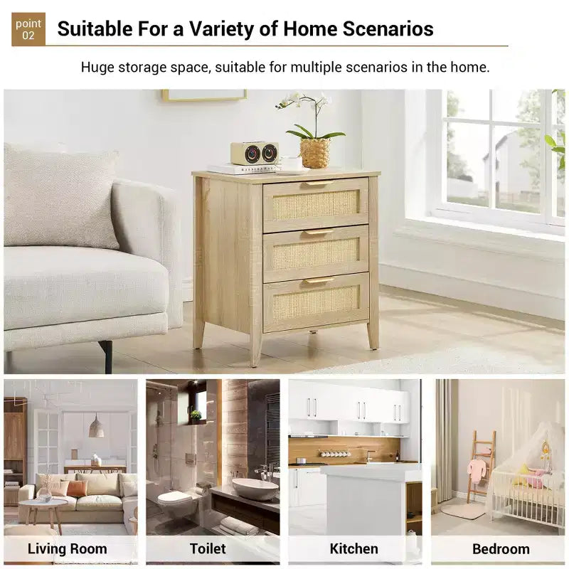 Acekool Rattan Nightstand, 3 Drawer Boho Bedside Table, Modern Storage, Wood Legs, for Bedroom or Living Room, Natural