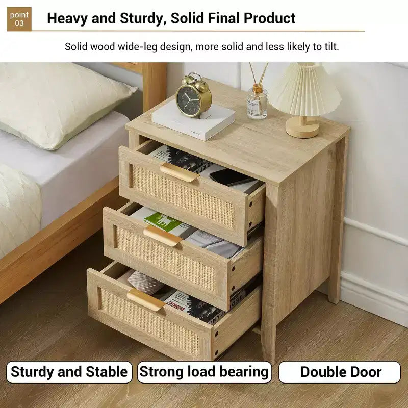 Acekool Rattan Nightstand, 3 Drawer Boho Bedside Table, Modern Storage, Wood Legs, for Bedroom or Living Room, Natural