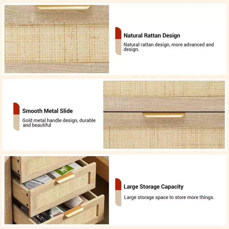 Acekool Rattan Nightstand, 3 Drawer Boho Bedside Table, Modern Storage, Wood Legs, for Bedroom or Living Room, Natural