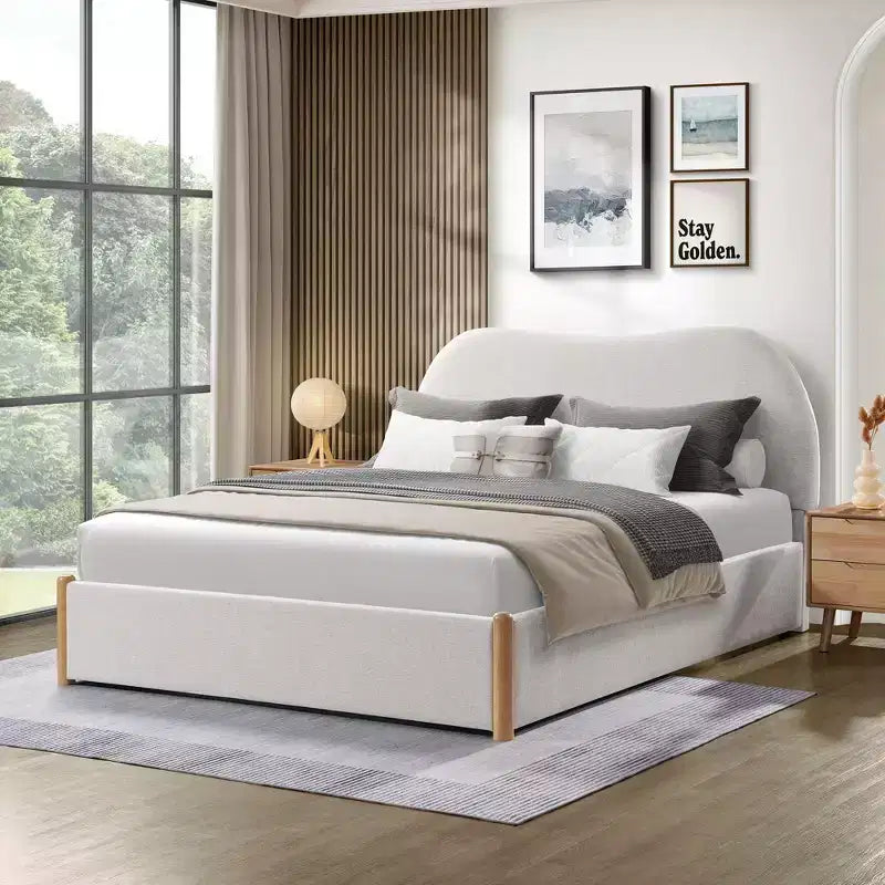 Okak Queen/Full Size Primary Bedroom Bed Frame with Linen Upholstered Headboard,Modern Platform Bed No Box Spring Needed