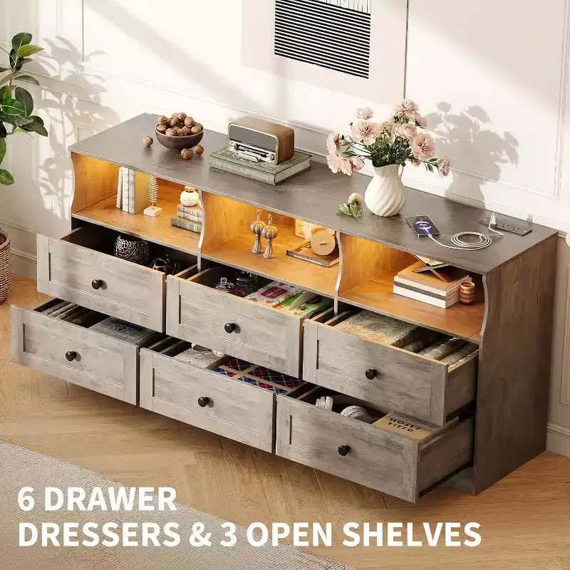 Slim 6 Drawer Dresser with Open Shelf, Space Saving Narrow Chest for Nursery Apartment Closet, Finish Modern Storage Organizer, Easy Assembly
