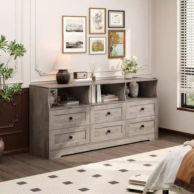 Slim 6 Drawer Dresser with Open Shelf, Space Saving Narrow Chest for Nursery Apartment Closet, Finish Modern Storage Organizer, Easy Assembly