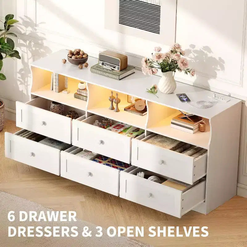 Slim 6 Drawer Dresser with Open Shelf, Space Saving Narrow Chest for Nursery Apartment Closet, Finish Modern Storage Organizer, Easy Assembly