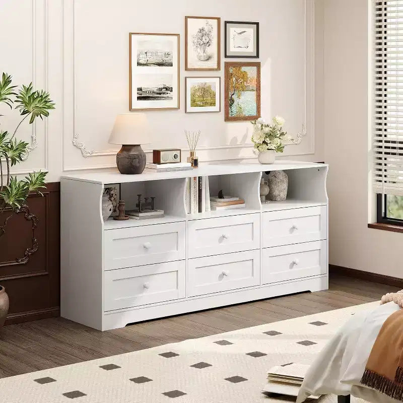 Slim 6 Drawer Dresser with Open Shelf, Space Saving Narrow Chest for Nursery Apartment Closet, Finish Modern Storage Organizer, Easy Assembly