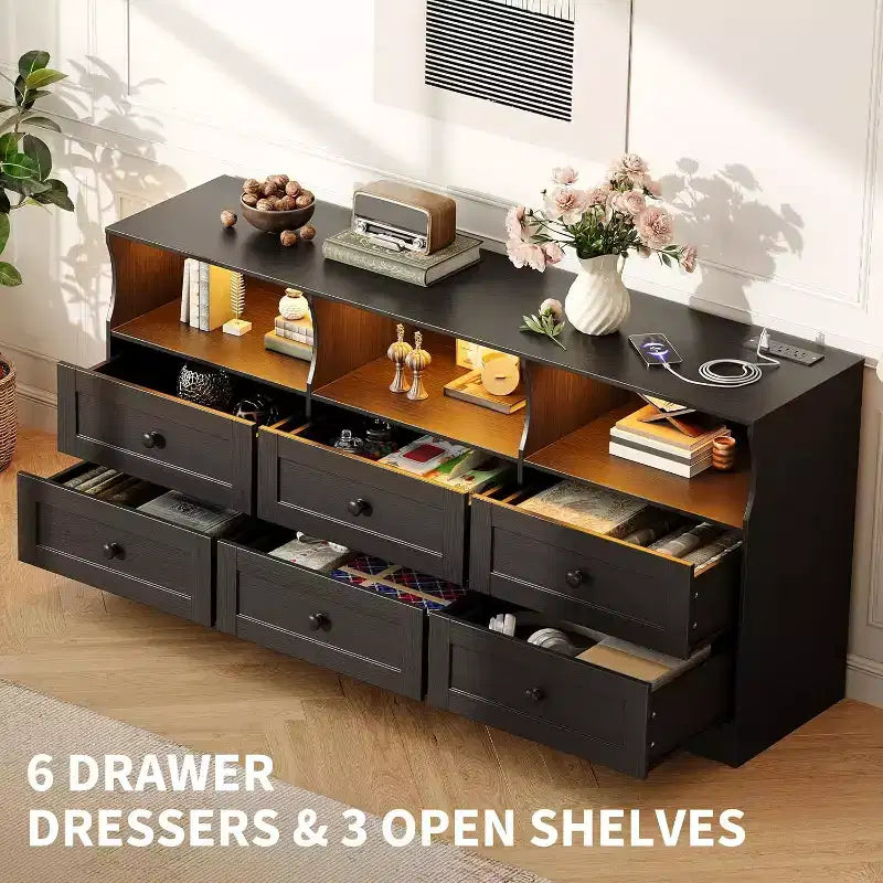 Slim 6 Drawer Dresser with Open Shelf, Space Saving Narrow Chest for Nursery Apartment Closet, Finish Modern Storage Organizer, Easy Assembly
