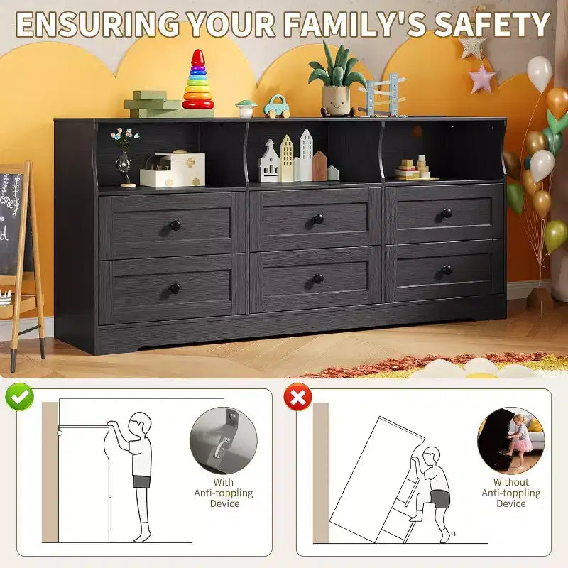 Slim 6 Drawer Dresser with Open Shelf, Space Saving Narrow Chest for Nursery Apartment Closet, Finish Modern Storage Organizer, Easy Assembly