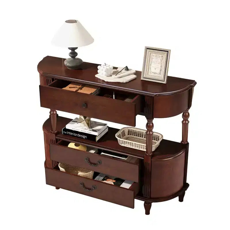 43 Retro Curved Console Table with Drawers, Solid Wood Legs Sofa Table Behind Couch, Entryway or Hallway Table with Storage Shelf-Panipeachy