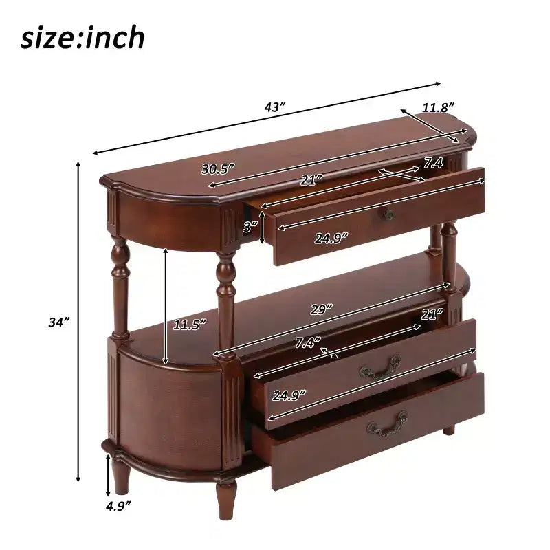 43 Retro Curved Console Table with Drawers, Solid Wood Legs Sofa Table Behind Couch, Entryway or Hallway Table with Storage Shelf-Panipeachy