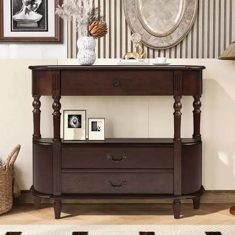 43 Retro Curved Console Table with Drawers, Solid Wood Legs Sofa Table Behind Couch, Entryway or Hallway Table with Storage Shelf-Panipeachy