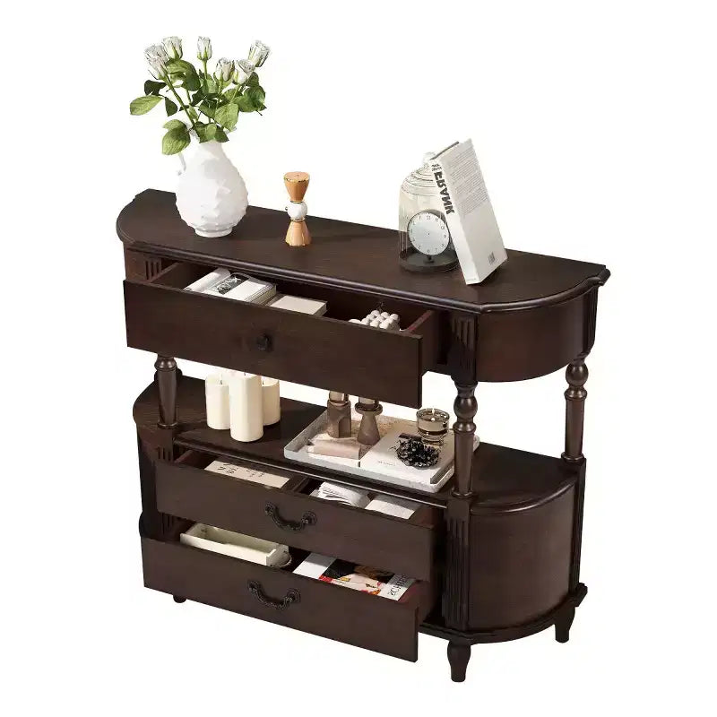 43 Retro Curved Console Table with Drawers, Solid Wood Legs Sofa Table Behind Couch, Entryway or Hallway Table with Storage Shelf-Panipeachy