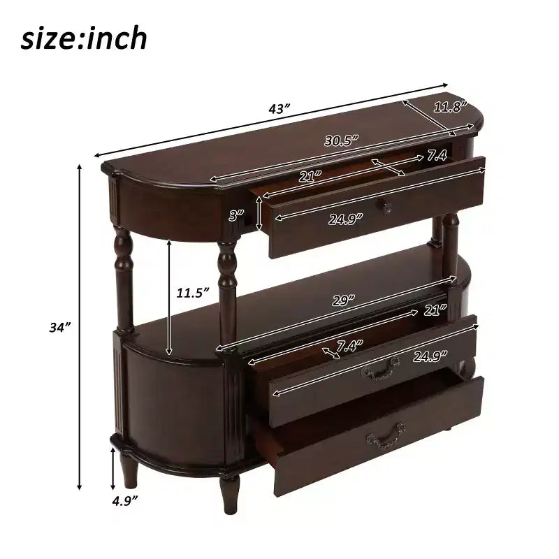 43 Retro Curved Console Table with Drawers, Solid Wood Legs Sofa Table Behind Couch, Entryway or Hallway Table with Storage Shelf-Panipeachy