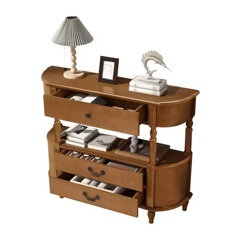 43 Retro Curved Console Table with Drawers, Solid Wood Legs Sofa Table Behind Couch, Entryway or Hallway Table with Storage Shelf-Panipeachy