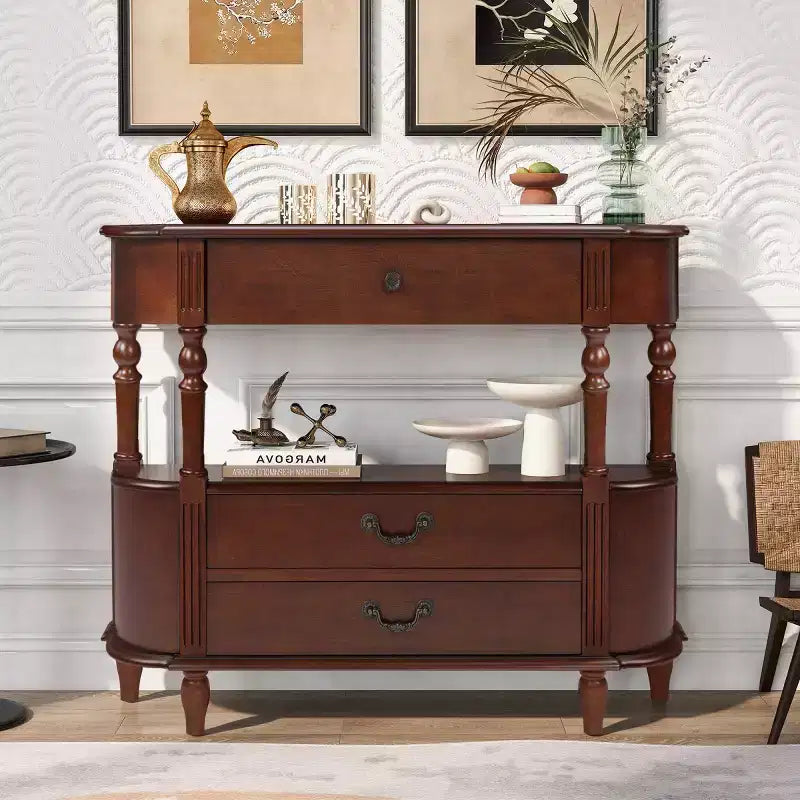43 Retro Curved Console Table with Drawers, Solid Wood Legs Sofa Table Behind Couch, Entryway or Hallway Table with Storage Shelf-Panipeachy