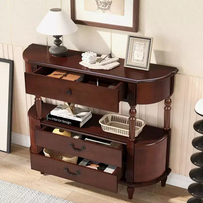 43 Retro Curved Console Table with Drawers, Solid Wood Legs Sofa Table Behind Couch, Entryway or Hallway Table with Storage Shelf-Panipeachy