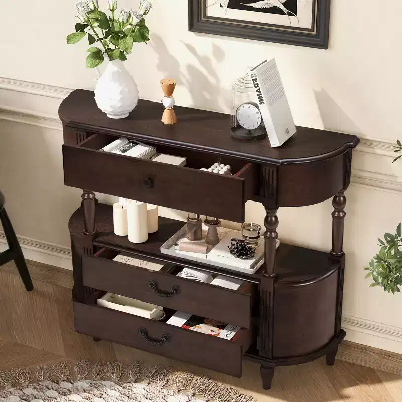 43 Retro Curved Console Table with Drawers, Solid Wood Legs Sofa Table Behind Couch, Entryway or Hallway Table with Storage Shelf-Panipeachy