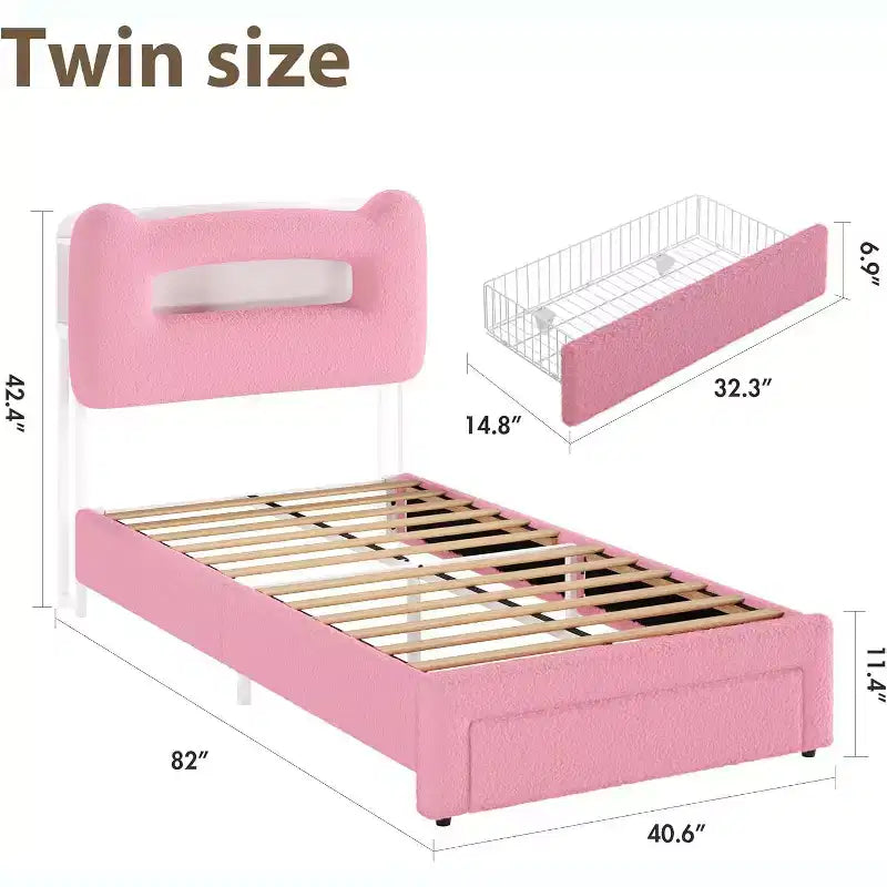 UpholsteredBed Frame with 2-Tier Storage Headboard, LED Platform Bed with Charging Station and Drawer for Kids/Girls/Boys