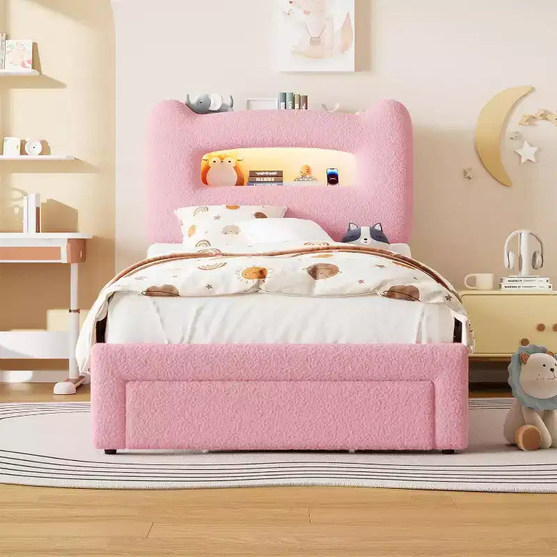 UpholsteredBed Frame with 2-Tier Storage Headboard, LED Platform Bed with Charging Station and Drawer for Kids/Girls/Boys