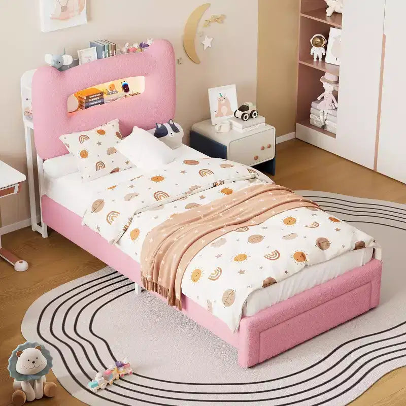 UpholsteredBed Frame with 2-Tier Storage Headboard, LED Platform Bed with Charging Station and Drawer for Kids/Girls/Boys